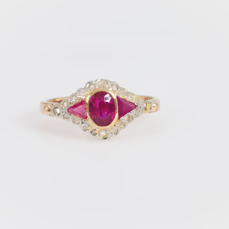 Antique synthetic ruby diamond 18k yellow gold ring