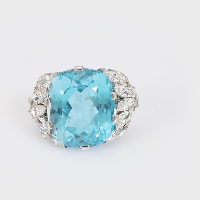 Mid Century French 22 carat aquamarine diamond 18k white gold cocktail ring