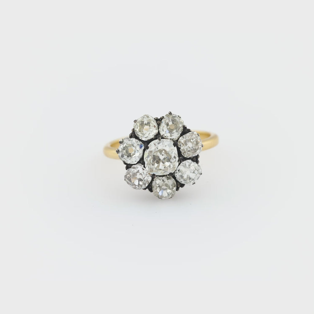 Victorian 3.70 carat diamond 18k yellow gold and silver cluster ring