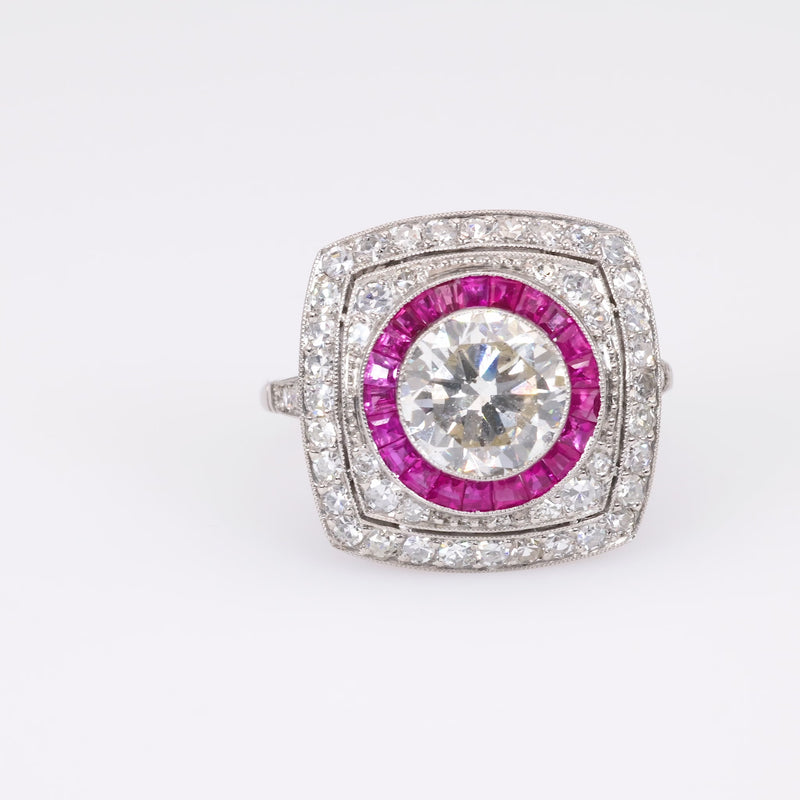 Art Deco Inspired 1.94 Carat Diamond Ruby Platinum Halo Ring