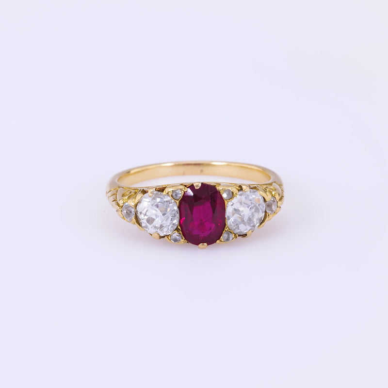 Victorian GIA Burma No Heat Ruby Diamond 18K Yellow Gold Ring