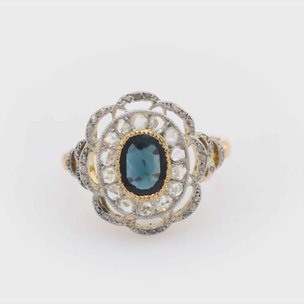 Art Deco style sapphire diamond 18k yellow gold and platinum cocktail ring