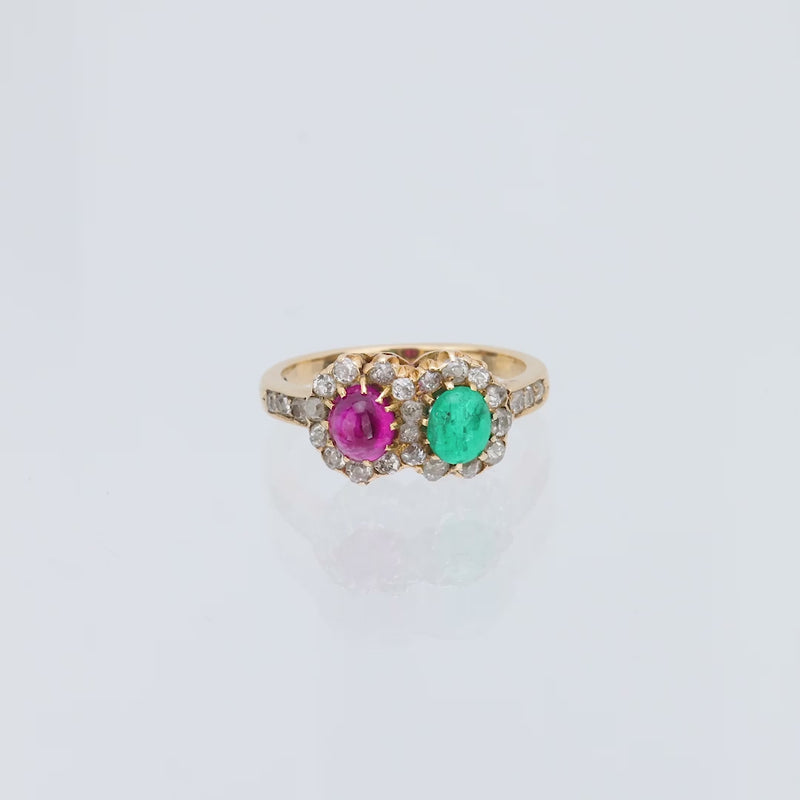 Antique Austro-Hungarian emerald ruby diamond 14k yellow gold ring