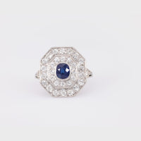 Edwardian Sapphire Diamond Platinum Double Halo Ring