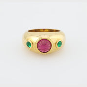 Cartier French 2 carat carved pink sapphire emerald 18k yellow gold ring
