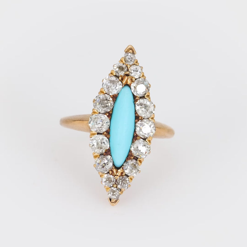 Victorian turquoise diamond 14k rose gold Navette ring