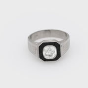 Art Deco style 1.25 carat old mine cut diamond onyx platinum engagement ring