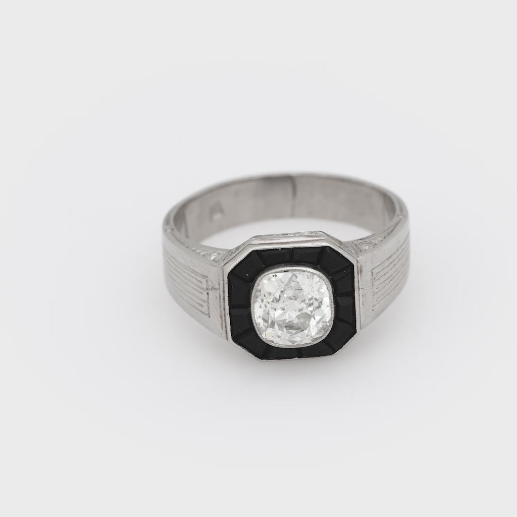 Art Deco style 1.25 carat old mine cut diamond onyx platinum engagement ring