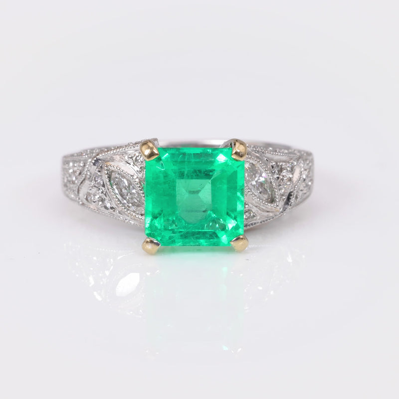 Mid-Century Emerald Diamond 18K White Gold Ring