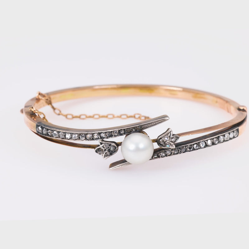 Antique Pearl Diamond 18K Rose Gold Silver Bangle