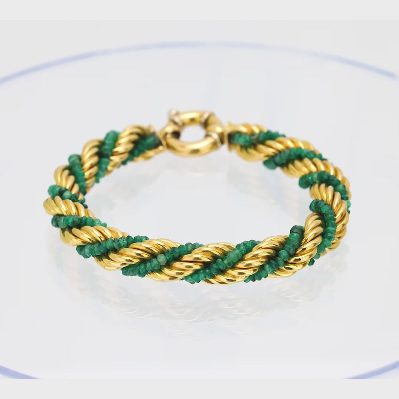 Vintage Beaded emeralds 18k yellow gold rope bracelet