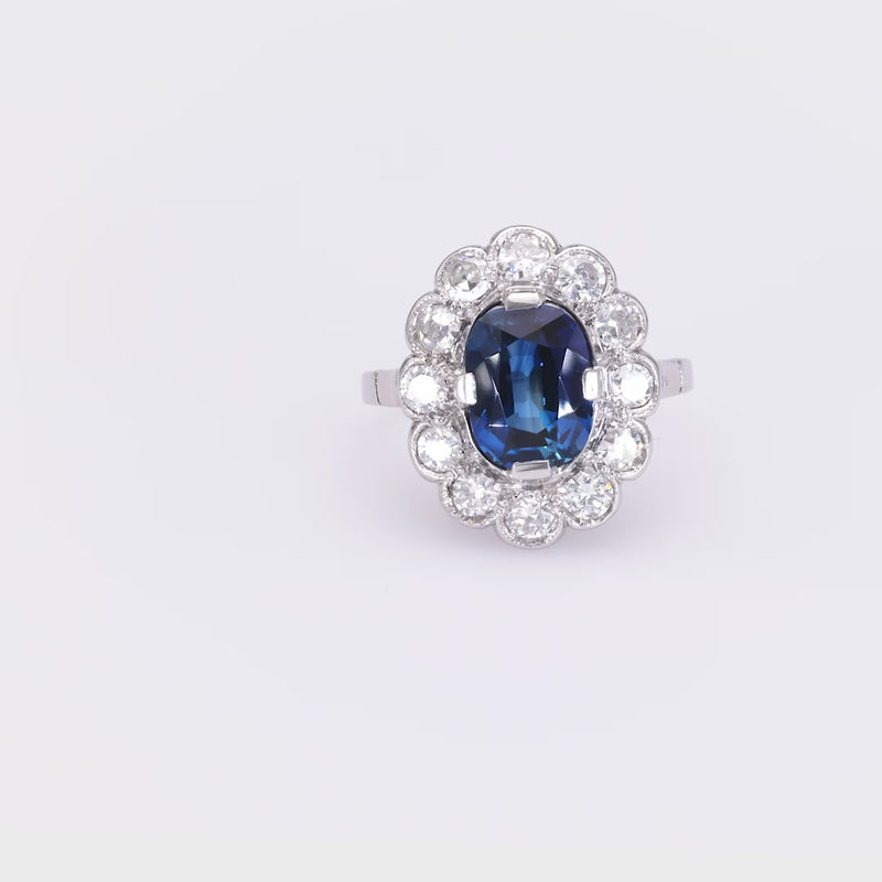 French Art Deco Sapphire Diamond Platinum Cluster Ring