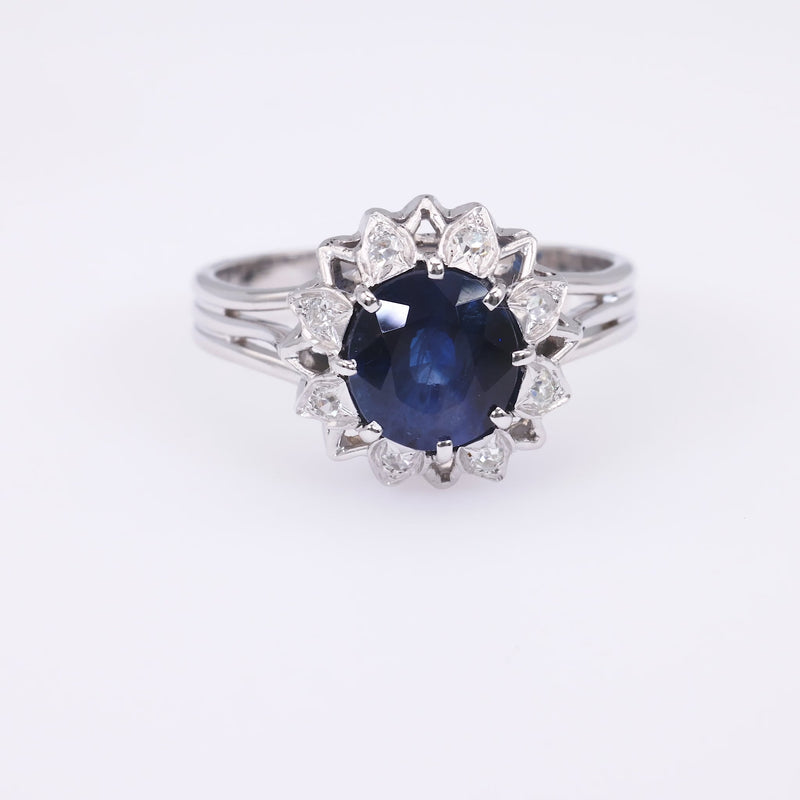 Mid-Century GIA 2.21 Carat Oval Sapphire Diamond 18K White Gold Ring