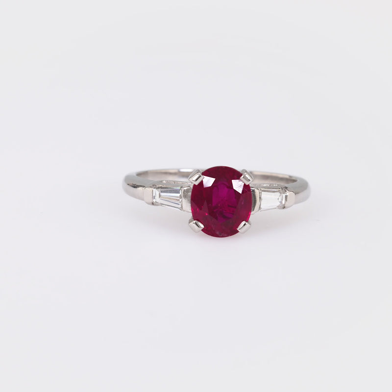 Mid Century GIA 1.73 Carat Oval Cut Ruby Diamond Platinum Ring