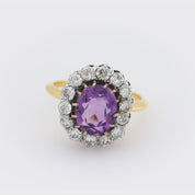 Mid Century amethyst diamond 18k yellow gold platinum cluster ring