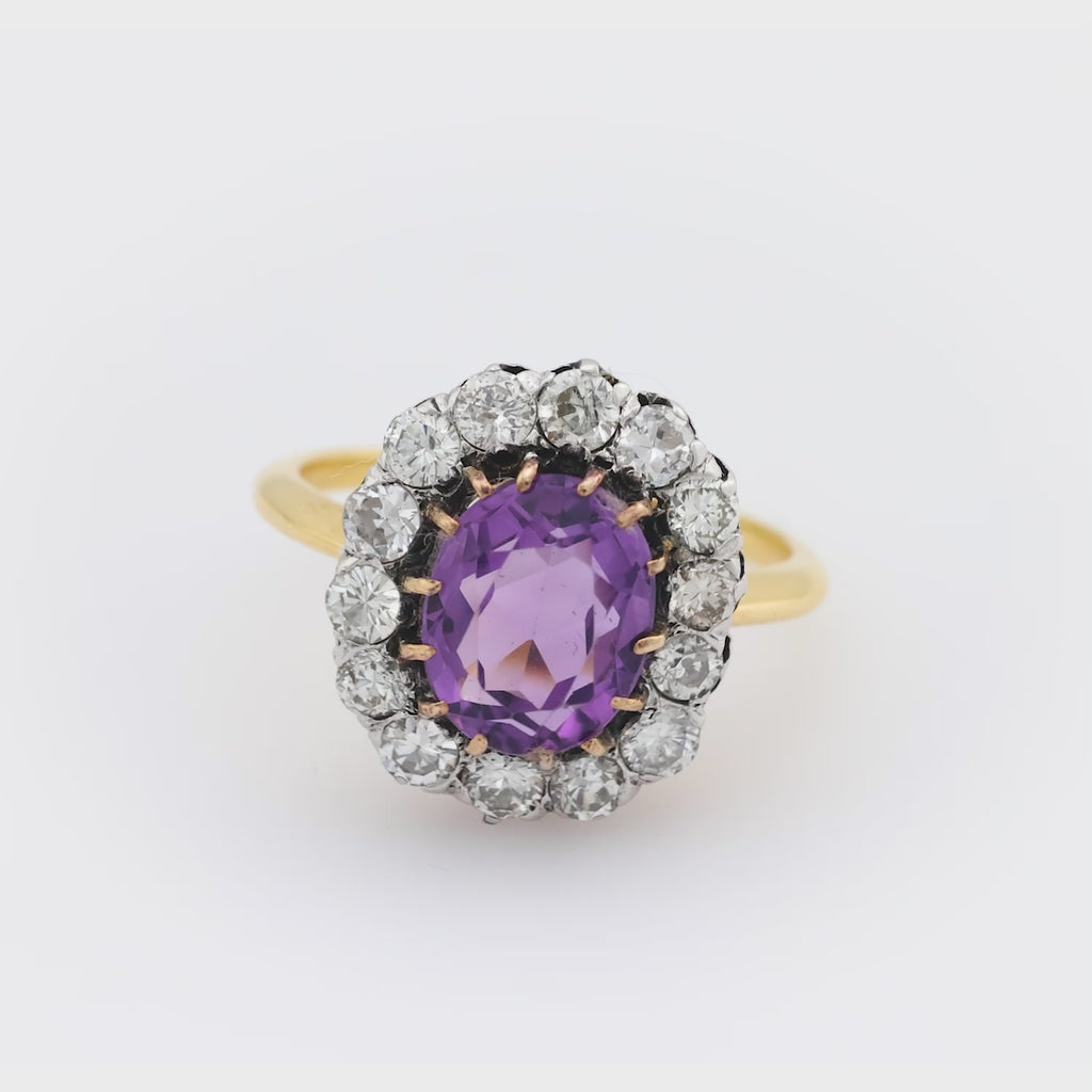 Mid Century amethyst diamond 18k yellow gold platinum cluster ring