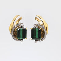 Vintage 14 carat green tourmaline diamond 18k yellow gold earrings