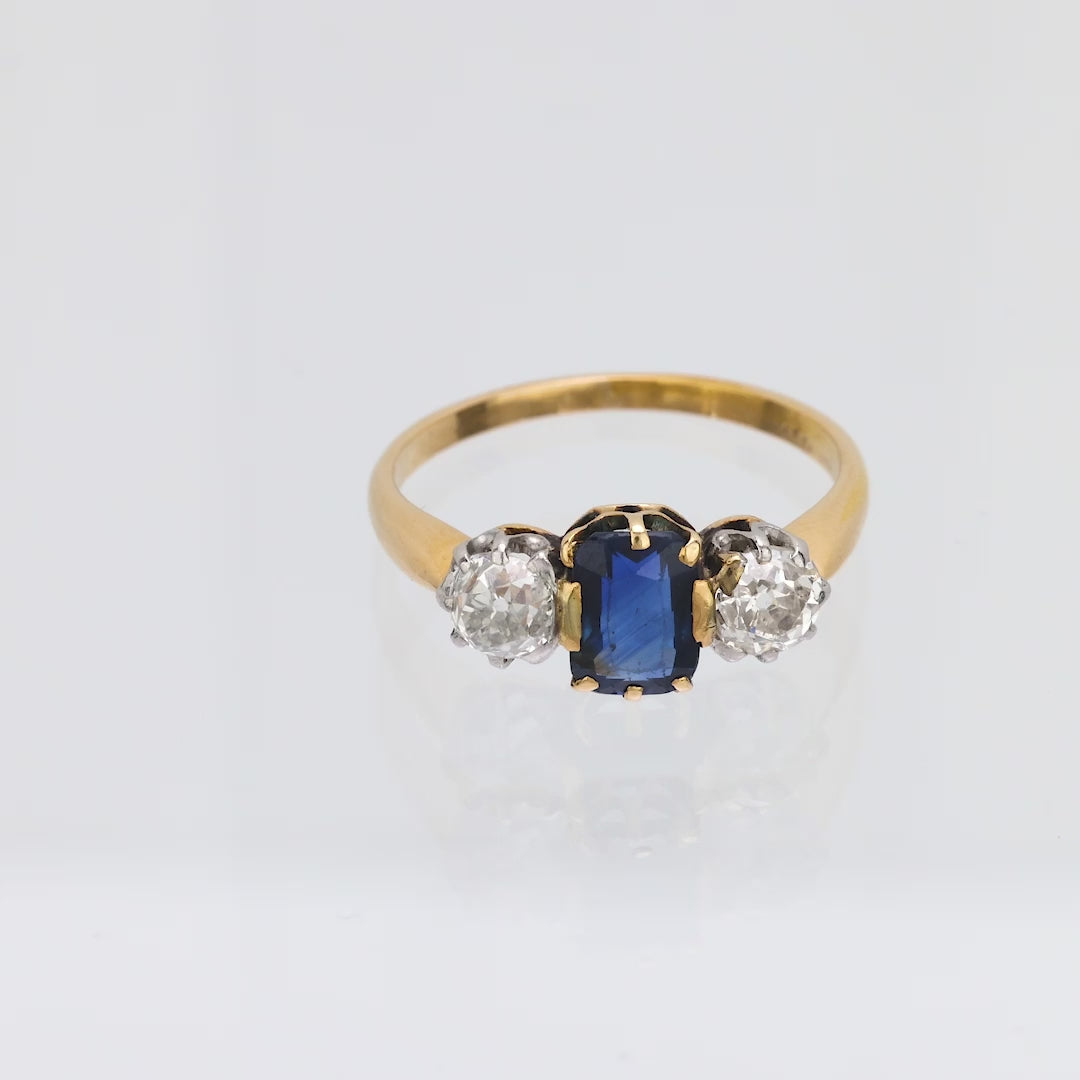 Victorian sapphire diamond 18k yellow gold 3 stone ring