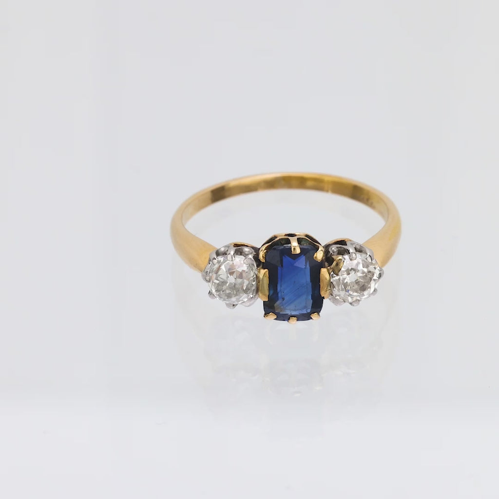 Victorian sapphire diamond 18k yellow gold 3 stone ring