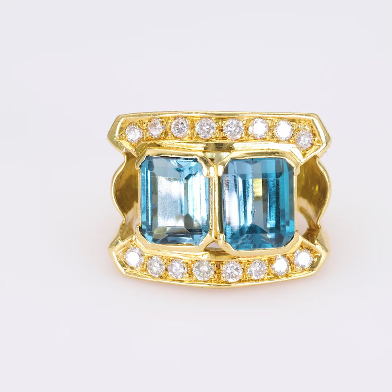 Vintage Blue Topaz Diamond Yellow Gold Cocktail Ring