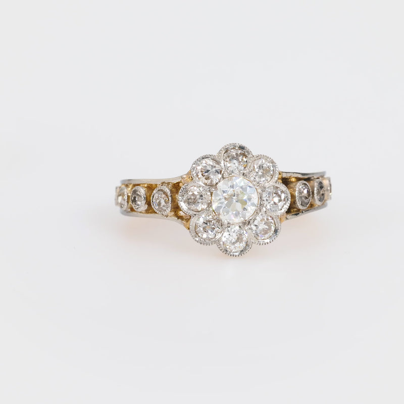 Edwardian 1.50 carat total weight diamond 18k yellow gold flower ring