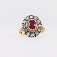 Antique 1.3 Carat No Heat Ruby Diamond 18K Yellow Gold Silver Cluster Ring