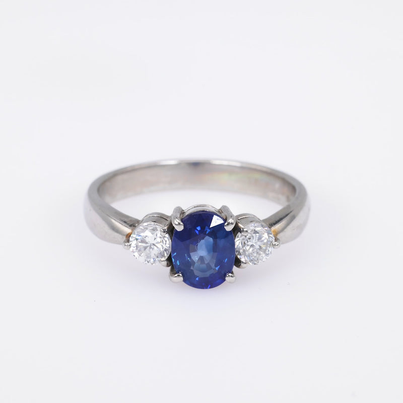 Oval Blue Sapphire Platinum Three Stone Ring