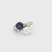 Victorian French GIA diamond no heat sapphire 18k yellow gold toi et moi ring
