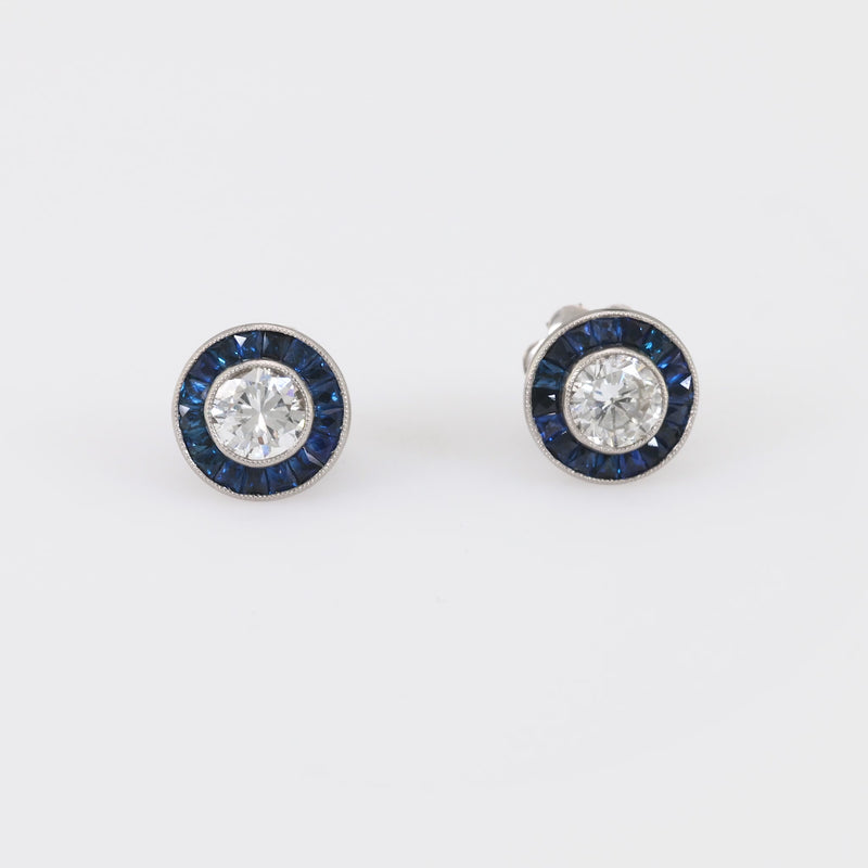 Art Deco Inspired Diamond Sapphire Platinum Target Studs