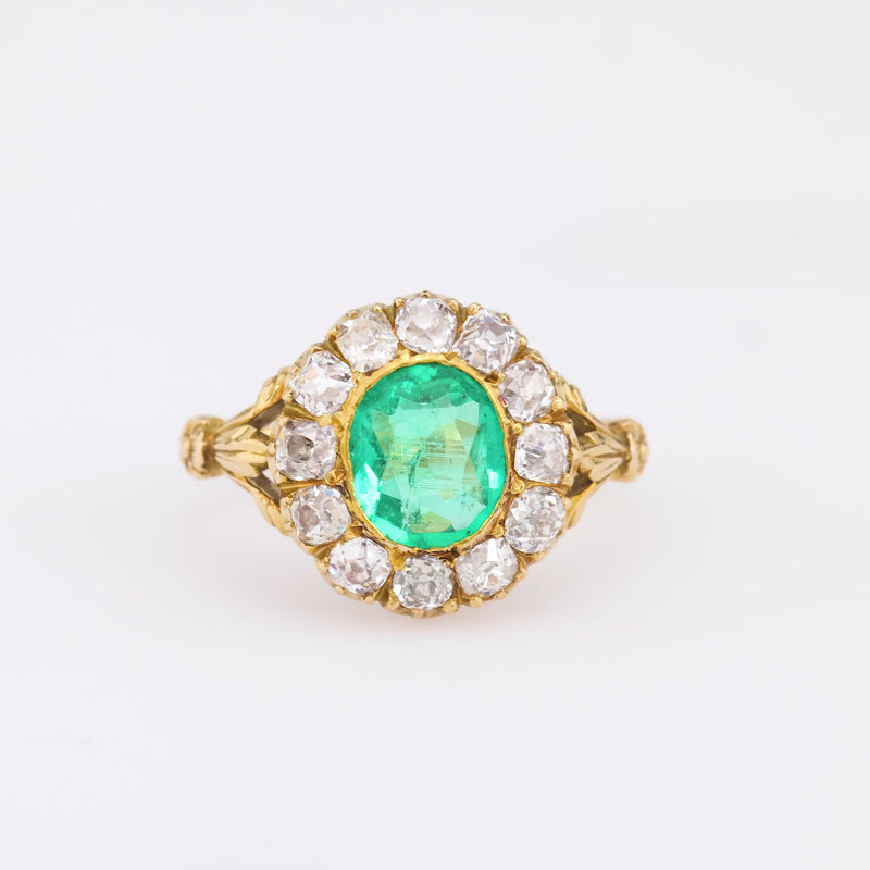 Victorian GIA 1 Carat Emerald Diamond 18K Yellow Gold Cluster Ring