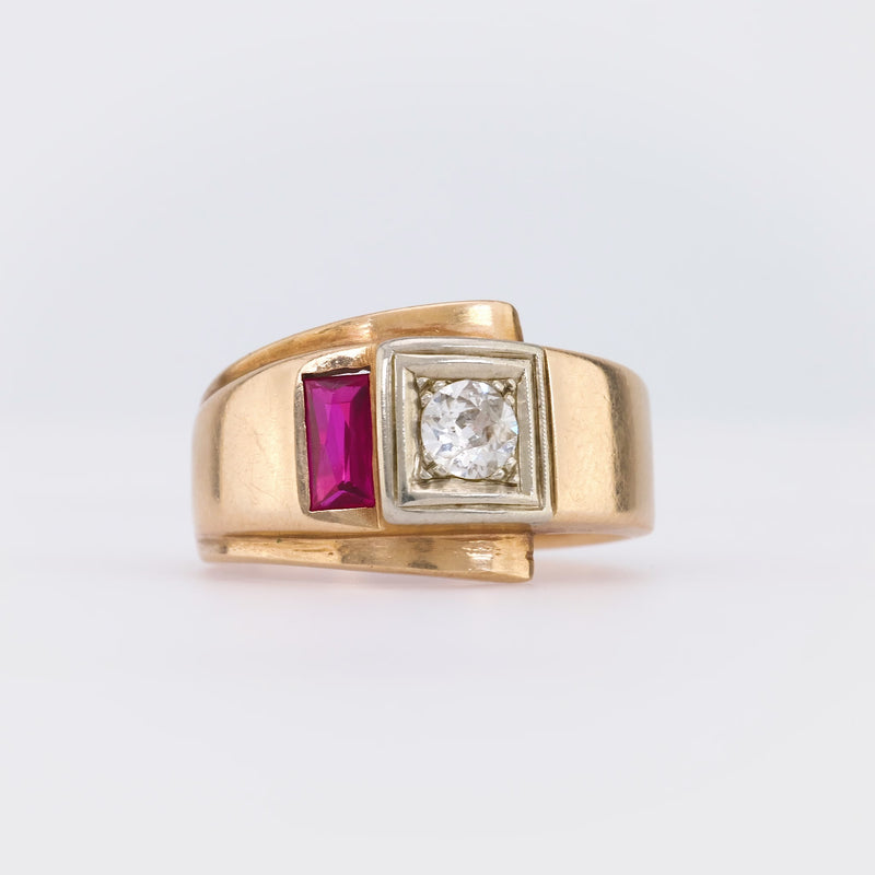 Retro Synthetic Ruby Diamond 14K Yellow Gold Band