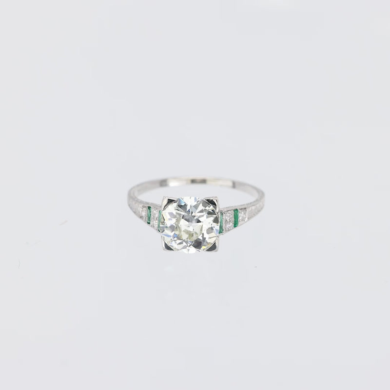 Art Deco GIA 2.23 carat diamond emerald platinum engagement ring