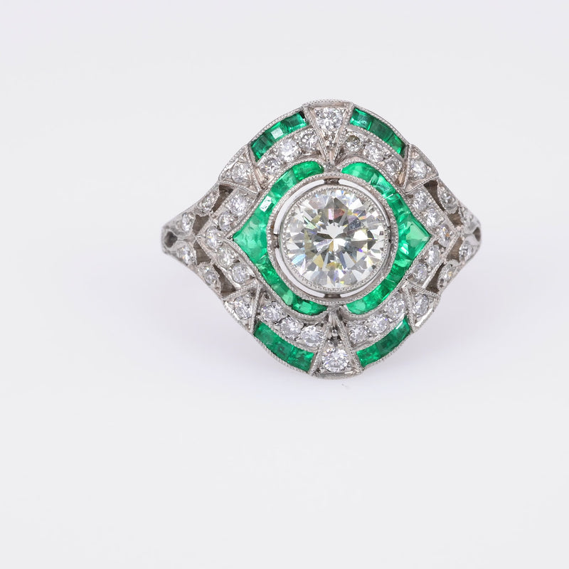 Art Deco Inspired .83 Carat Diamond Emerald Platinum Ring