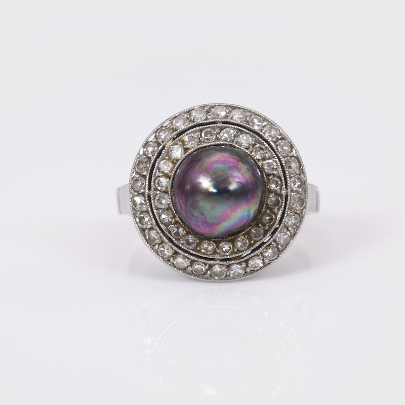 Art Deco Pearl Diamond Platinum Halo Ring