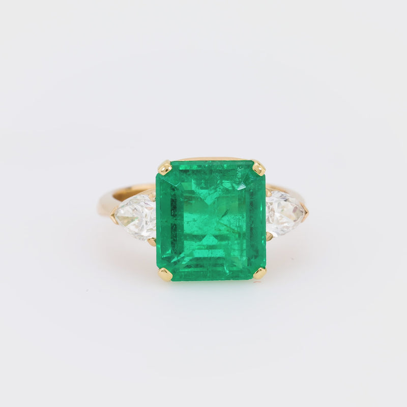 GIA 5.22 carat emerald diamond 18k yellow gold three stone ring