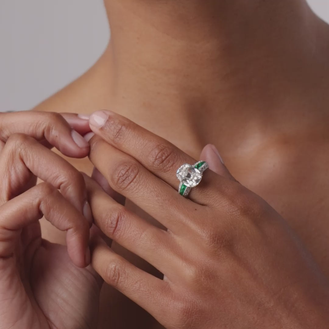 Vintage GIA 5.02 carat old mine cut diamond emerald platinum engagement ring