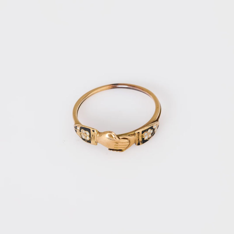 Georgian 18k yellow gold with enamel forget me nots clasped Fede ring