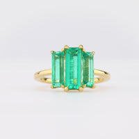 Mid Century Style GIA 2.5 Carat Emerald 18K Yellow Gold Three Stone Ring