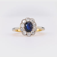 Edwardian Style Sapphire Diamond 18K Yellow Gold Cluster Ring