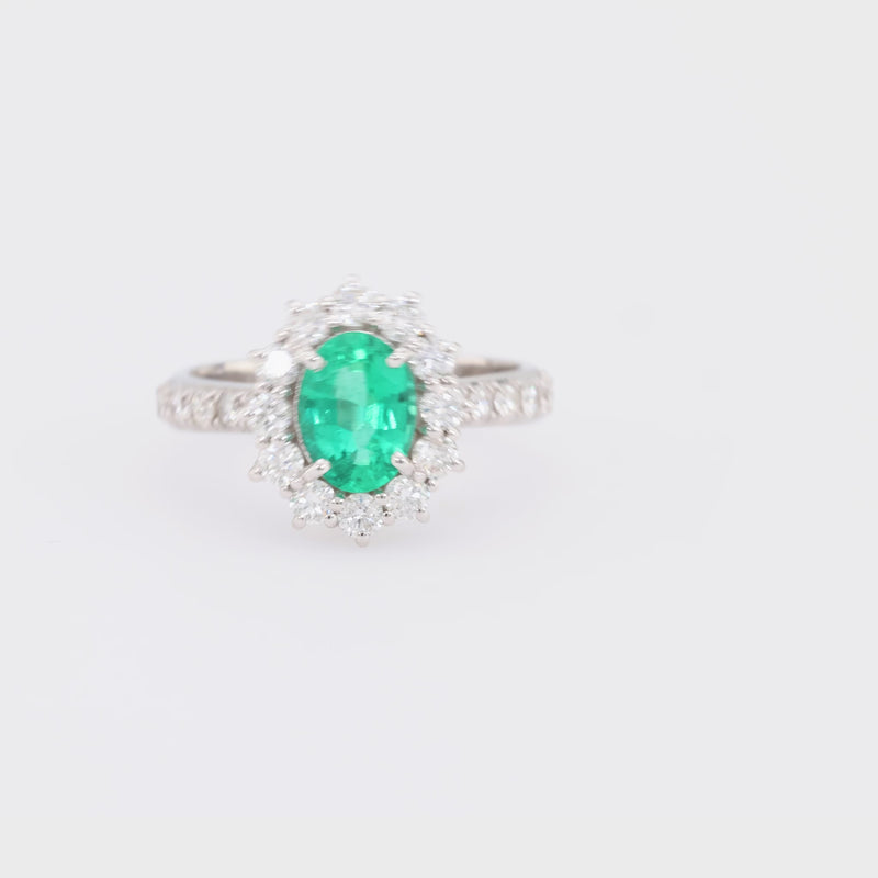 GIA 1 carat oval cut emerald diamond 18k white gold cluster ring