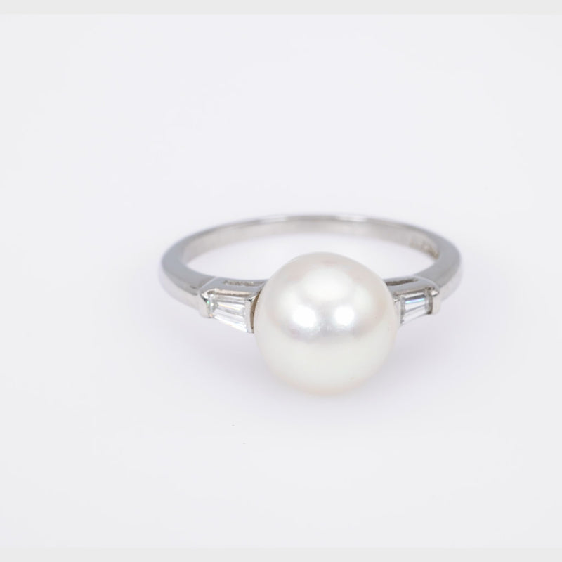 Mid-Century Pearl Diamond Platinum Ring