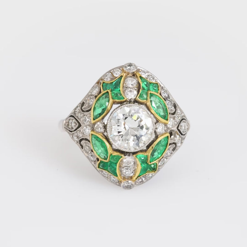 Art Deco revival 1.08 carat diamond emerald ring