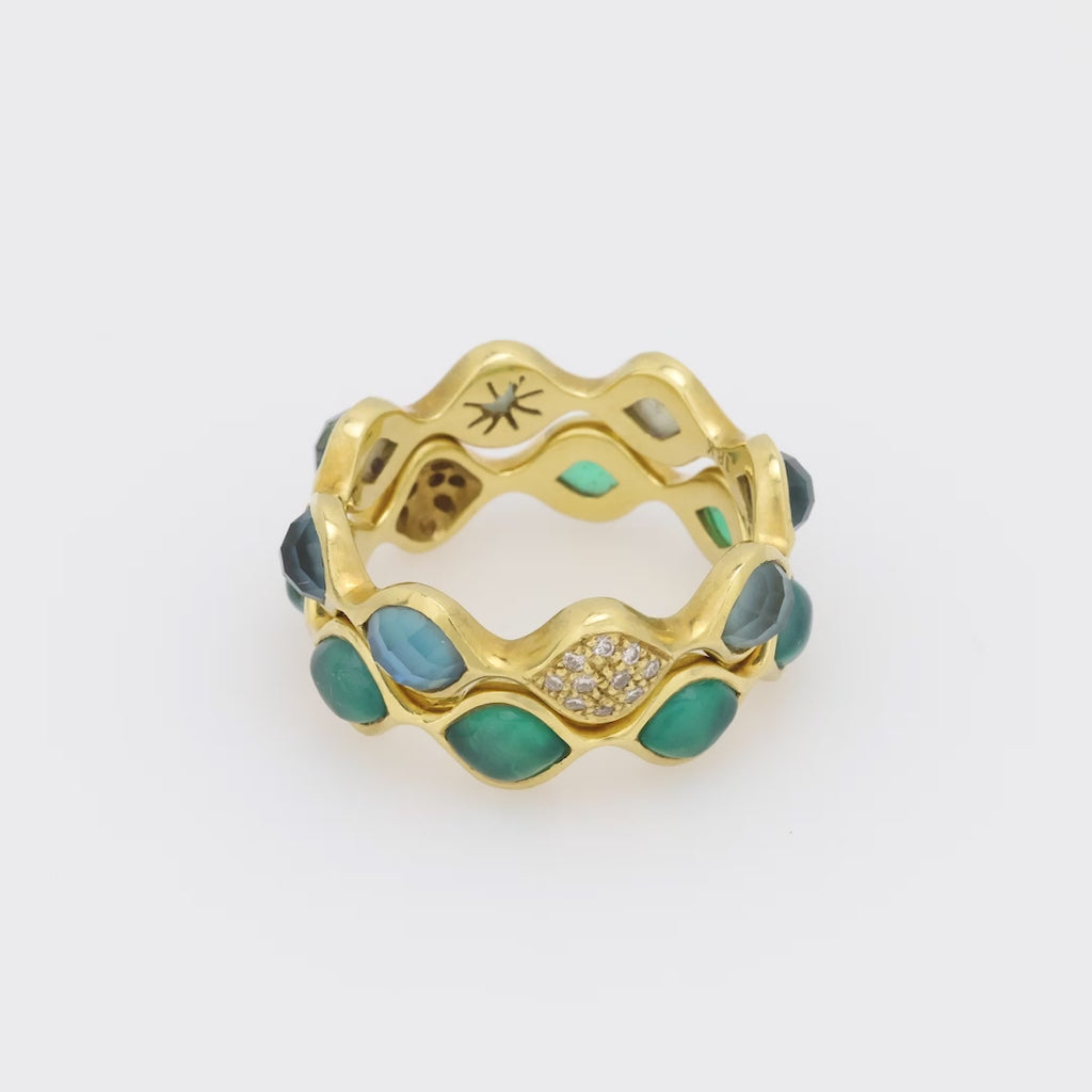 Modern gemstone and diamond 18k yellow gold eternity band set