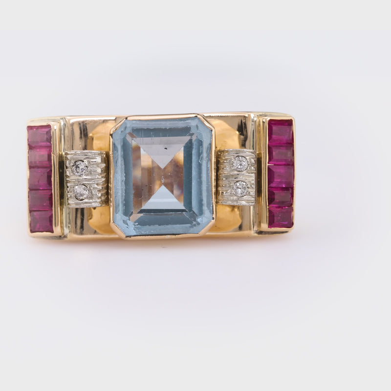 Retro 6 Carat Aquamarine Ruby Diamond 14K Yellow Gold Tank Ring