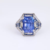 Art Deco French GIA 7.86 carat no heat sapphire diamond platinum ring