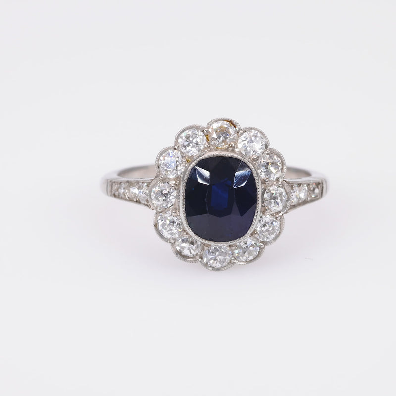 Edwardian Inspired 2.06 Carat Cushion Cut Sapphire Diamond Platinum Cluster Ring