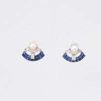 Mid Century Pearl Diamond Sapphire 18K White Gold Earrings