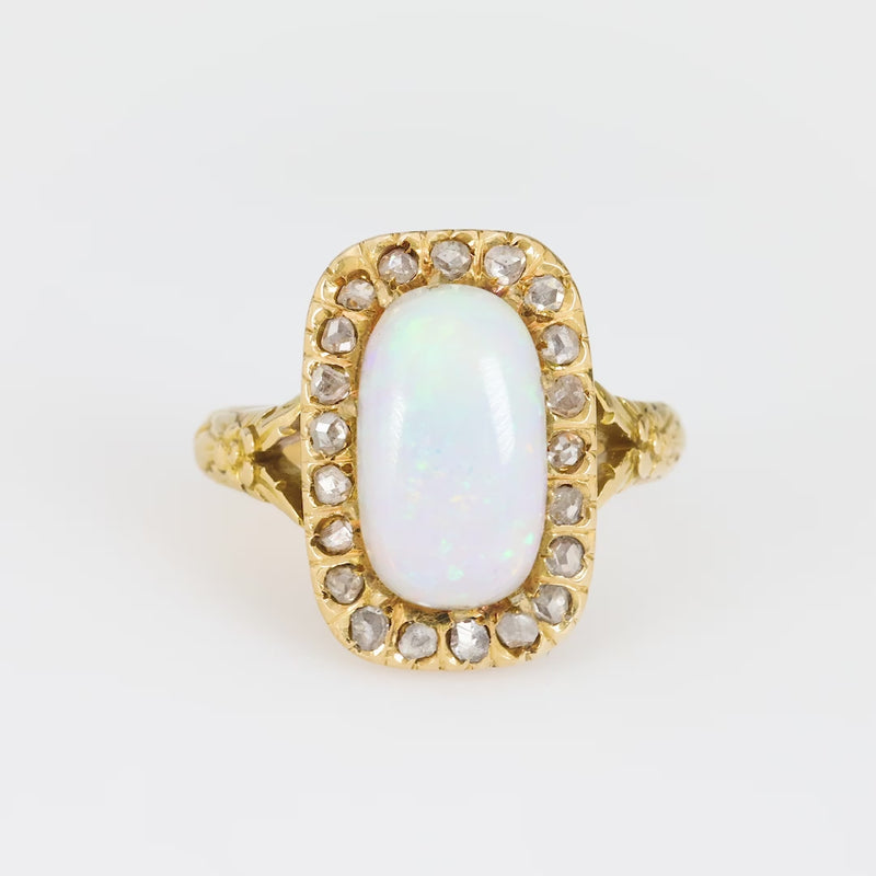 Victorian 2.30 carat opal diamond 18k yellow gold halo ring