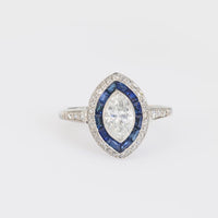 Art Deco style diamond sapphire platinum navette ring