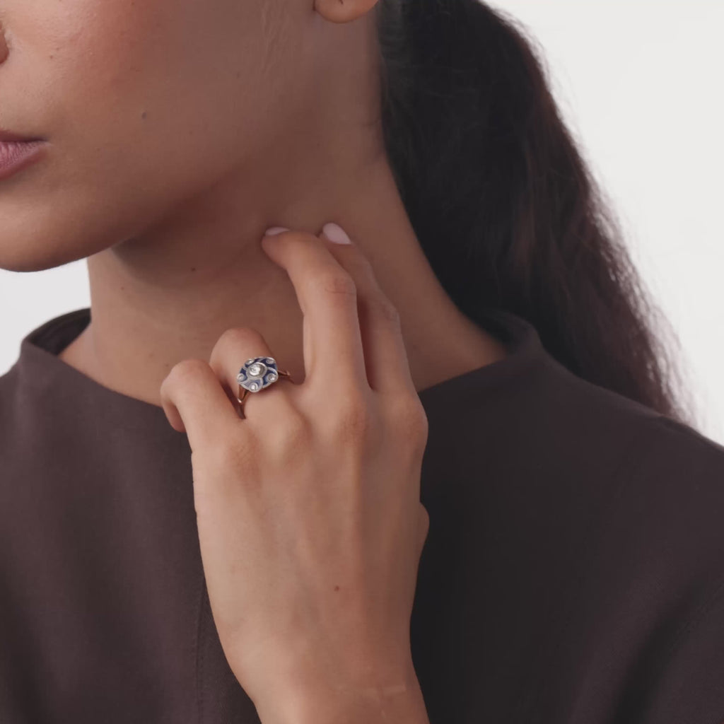Retro diamond blue enamel 18k rose gold ring